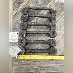 Six rustic metal (might be wrought iron) drawer pulls.
